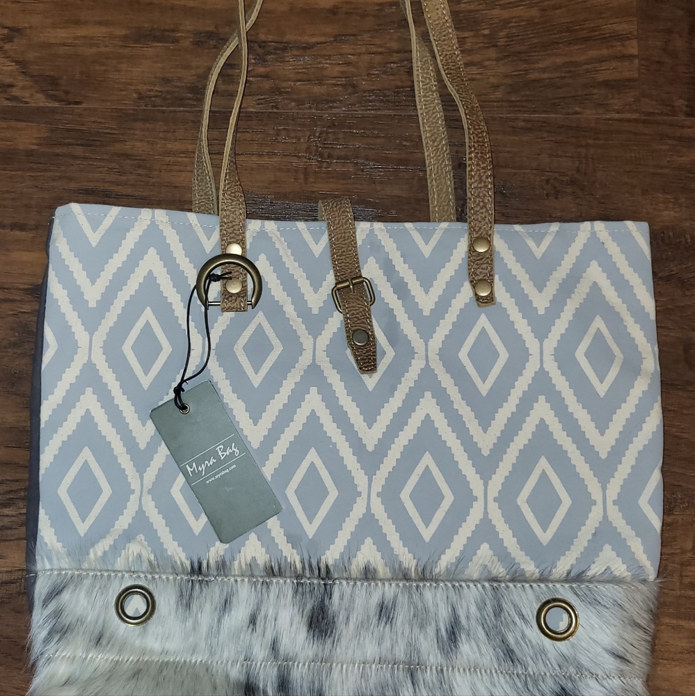 Vacation up-cycled Canvas + Hair-on Hide Tote Bag-Each Unique-Gray & White Purse